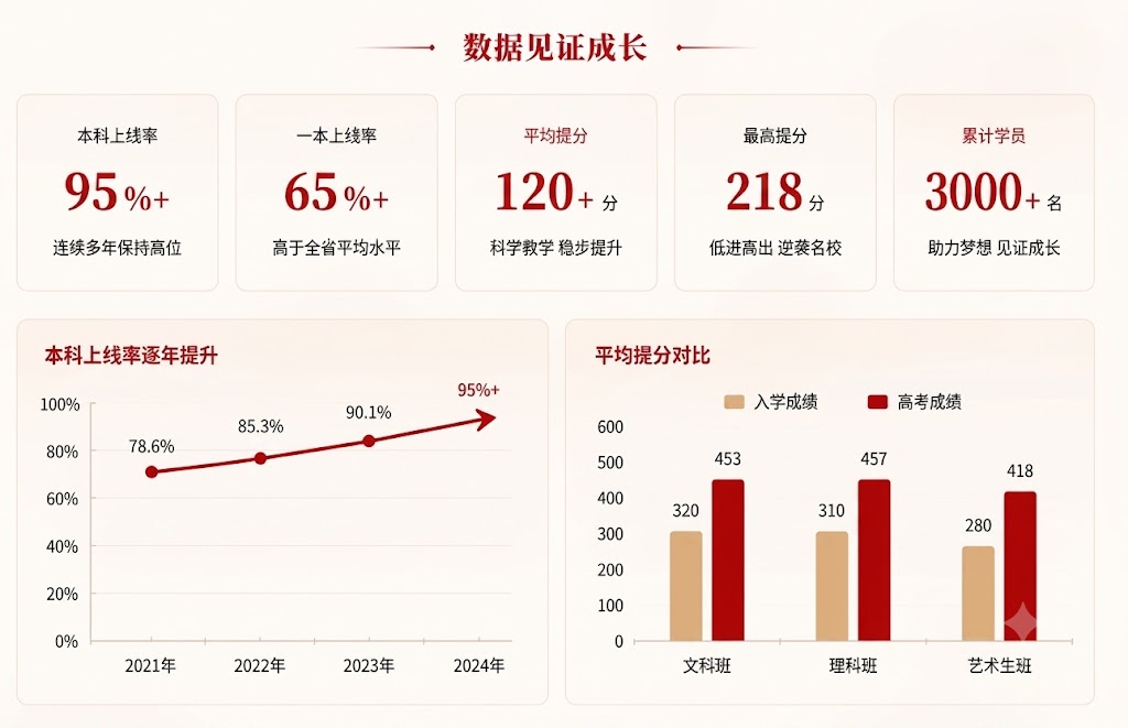 数据见证成长：本科上线率、一本文科上线率、平均提分、最高提分及累计学员数据